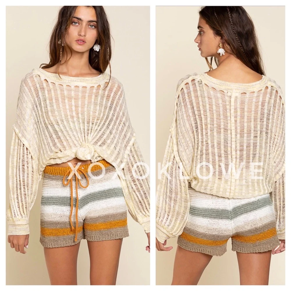 POL Olive Multi Striped Knit Shorts